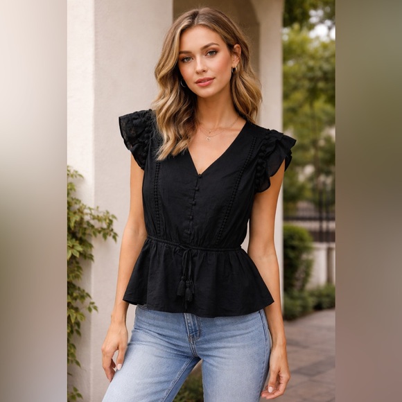 point sur Tops - Point Sur J.Crew Black Peplum Blouse M | Ruffle Sleeve Tassel Tie Boho Top